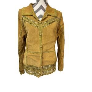 Vtg IDI by Mathew Suede Crochet Patchwork Jacket Boho Hippie Mustard Yellow Lg